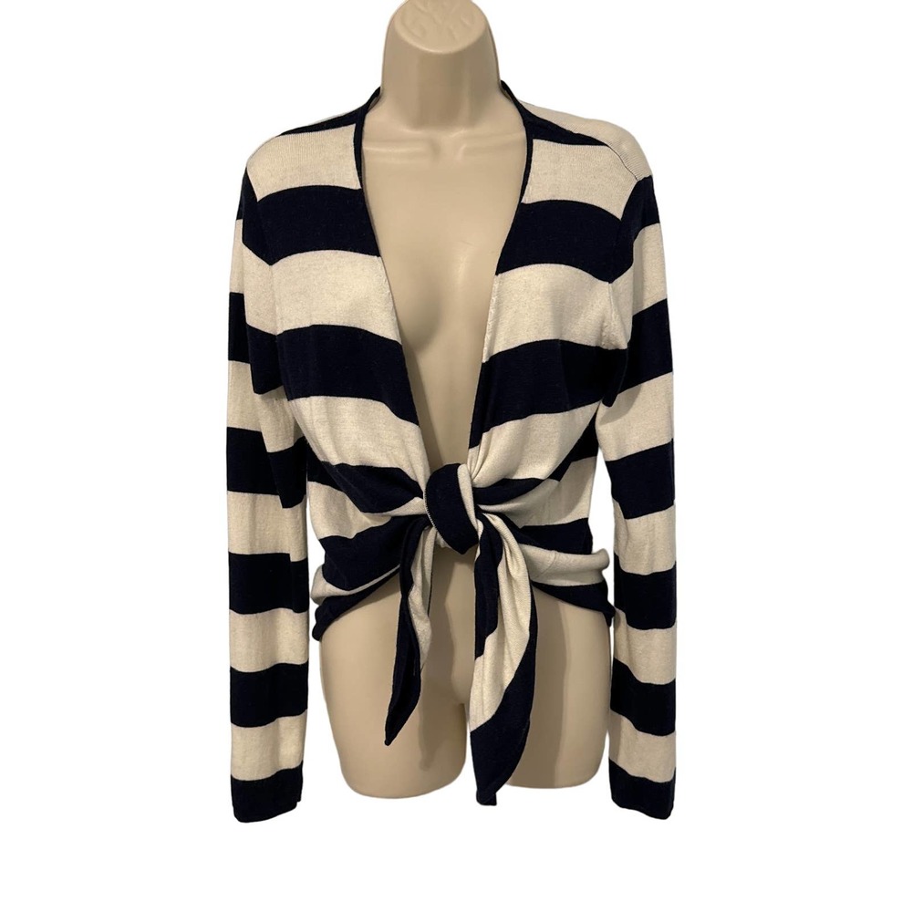 Grace Elements Navy Blue Cream Striped Tie Front Cardigan Sweater Wool Blend‎ L